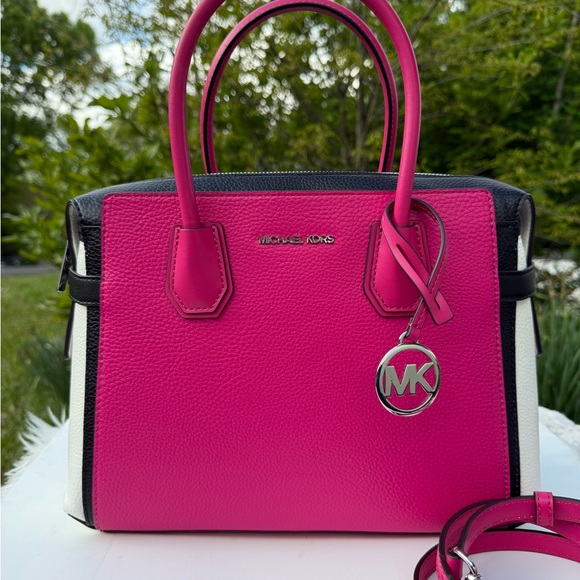 Michael Kors Md TZ Belted Mercer Leather Satchel Dragon fruit Multi - Picture 1 of 15